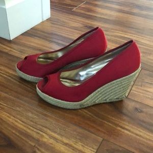 Boutique Nordstrom red satin espadrille wedges